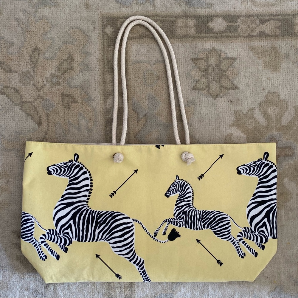 Scalamandre light yellow Zebra print soft sided cotton blend tote beach bag